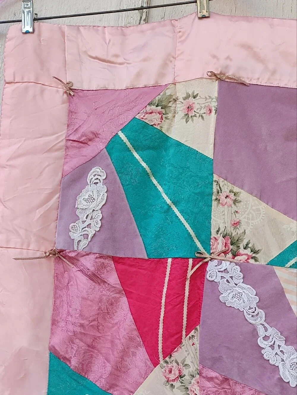 Vintage Handsewn Patchwork Satin Lace Quilt, Grandmacore, Victorian, Cottagecore